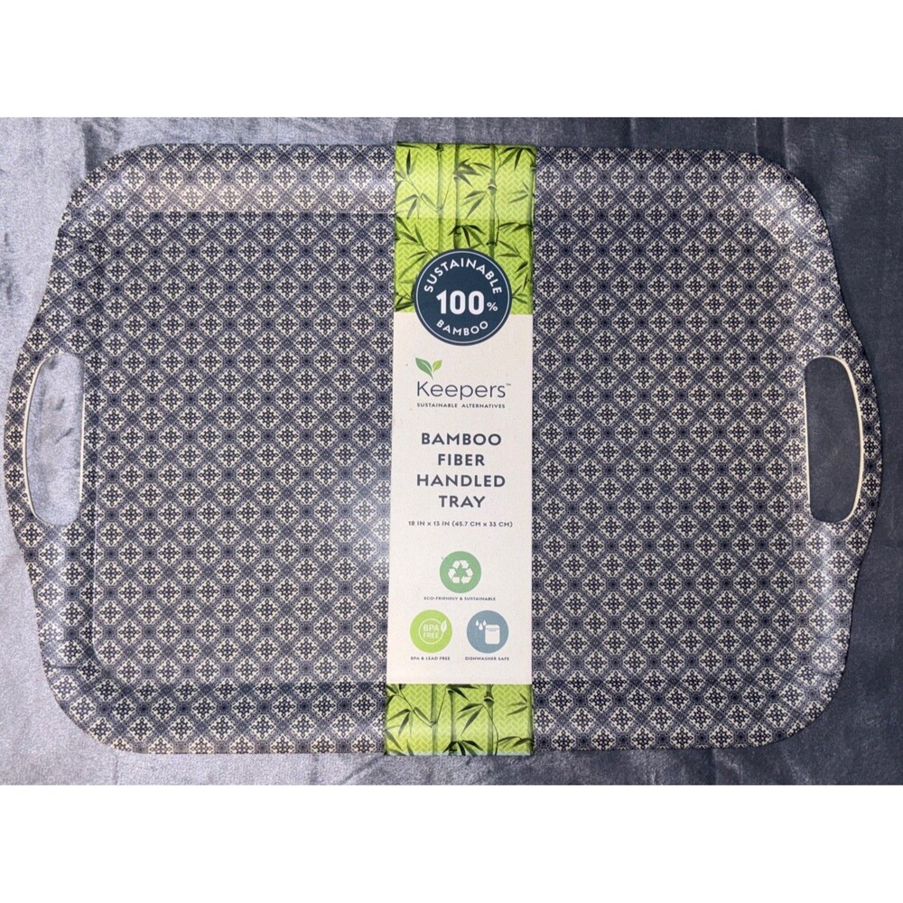 Keepers Bamboo Fiber Handled Tray Blue & White Print 18" W X 13" L BNWT!